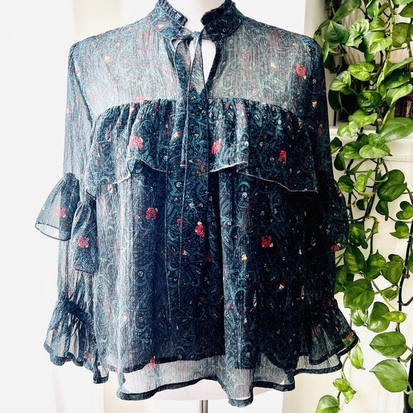 Lucky Brand Tops - Lucky Brand Green Floral Ruffly Lightweight Flowy Romantic Blouse Size Small
